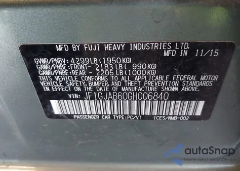 2016 Subaru Impreza 2.0I Premium z USA, uszkodzony, nr VIN JF1GJAB60GH006840